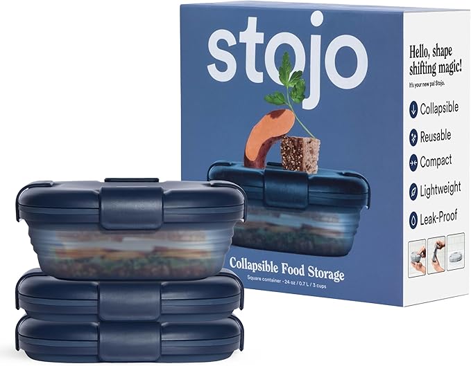 STOJO Collapsible Sandwich Box – 24oz, Reusable Food Storage Container, Silicone Bowl for Hot/Cold Food – Meal Prep, Lunch, Camping, Hiking – Dishwasher Safe (Set of 3, Translucent Denim)