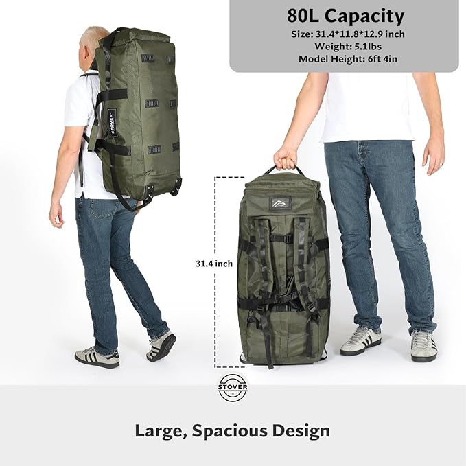 STOVER 80L Rolling Duffel Bag with Wheels, Large 31 Inch Durable Travel Duffle + Toiletry Bag, Heavy Duty, Packable, Foldable w/Shoulder Straps- Use as Luggage or Backpack, Men/Women (Green)