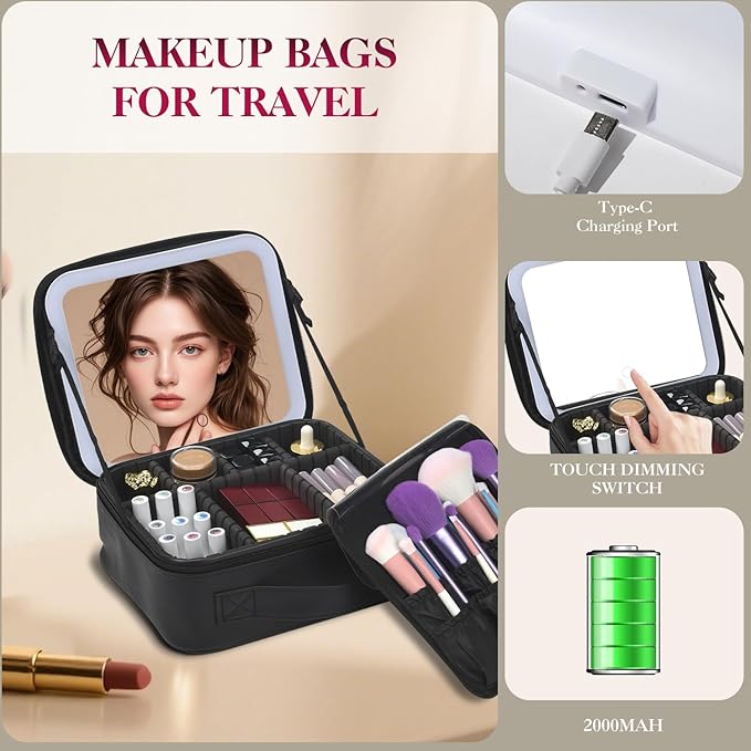 Travel Makeup Bag With LED Mirror,Cosmetic Train Case with 3 Color Setting,Cosmetic Makeup Organizer Bag with Adjustable Dividers,Portable Make up Box with Make up Brushes Holder Storage（Back）