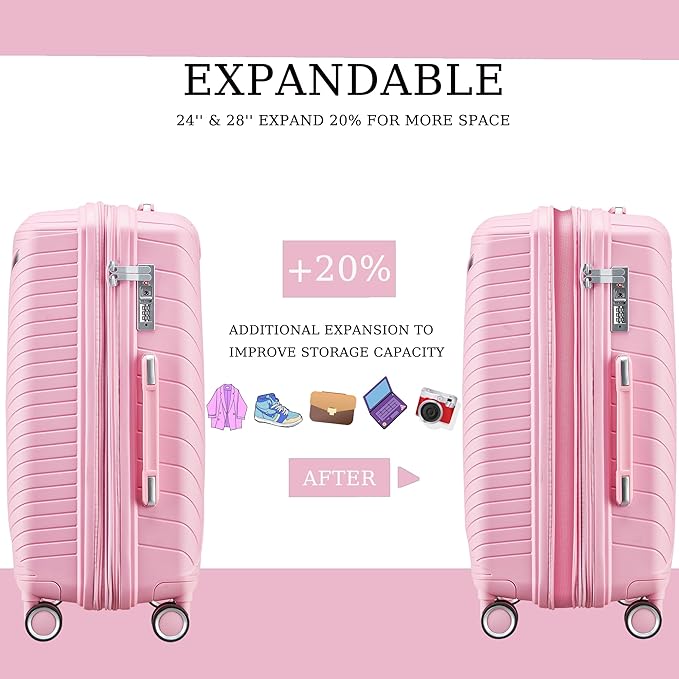Campfun Luggage 4 Piece Sets, Expandable Carry On Luggage Set Hardshell PP, Suitcase Set with Double Spinner Wheels, Checked Durable Lightweight with TSA Lock, 14in 20in 24in 28in-Pink(A)