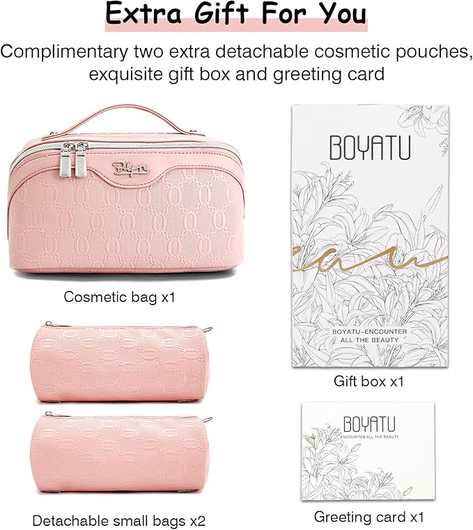BOYATU Travel Makeup Bag for Women: Cosmetic Organizer Bag with Compartments - Leather Make up Bags Set of 3 (Pink)