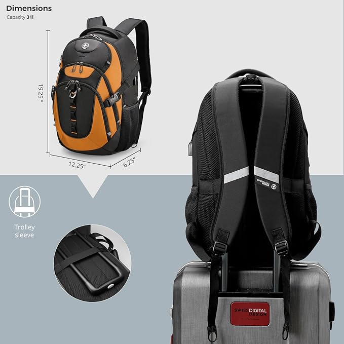 Swissdigital Design Laptop Backpack with USB Charging Port, TSA Travel Backpack Fits 15.6 inches Computer, 31L College School Backpack for Men, Orange/Black | SD803