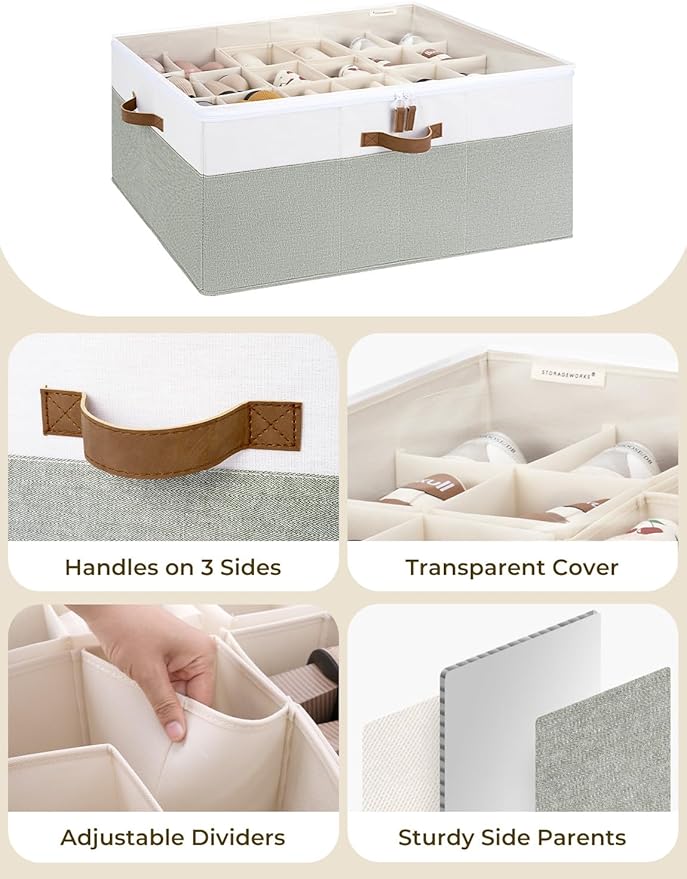 StorageWorks Shoe Organizer for Closet, Fits up to 24 Pairs, Shoe Cubby Storage Containers with Adjustable Dividers and Clear Cover, Green & White