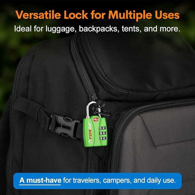 Forge TSA Luggage Combination Lock - Open Alert Indicator, Easy Read Dials, Alloy Body- Ideal for Travel, Lockers, Bags (Green 4PK)