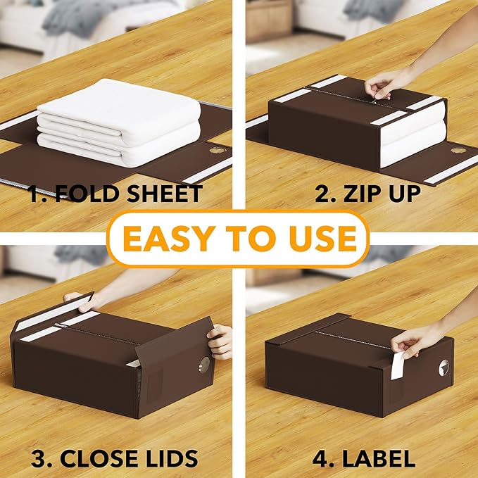 SpaceAid 3 Pack Bed Sheet Organizers and Storage, Foldable Sheet Organizer for Linen Closet, Sheets Set Folder Keeper with Window XL (Queen & King Size) Bedding Container (Brown, 3 Pack)