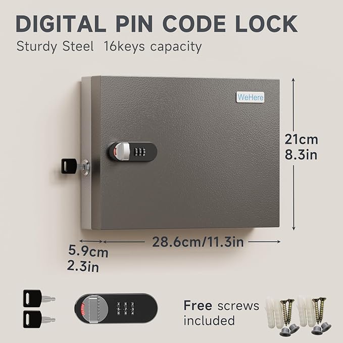 WeHere Key Lock Box Wall Mount, 16 Key Cabinet with Combination Lock & Key Tags, Digital Code Key Organizer Security Storage Lockbox, Key Management for Garage,Office,Holtel,Home