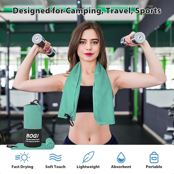 BOGI Microfiber Travel Sports Towel-Quick Dry Travel Soft Lightweight Absorbent Compact Sports Towel for Camping Gym Beach Bath Yoga Swimming Backpacking (L:60''x30''+16''x16''-Mint)