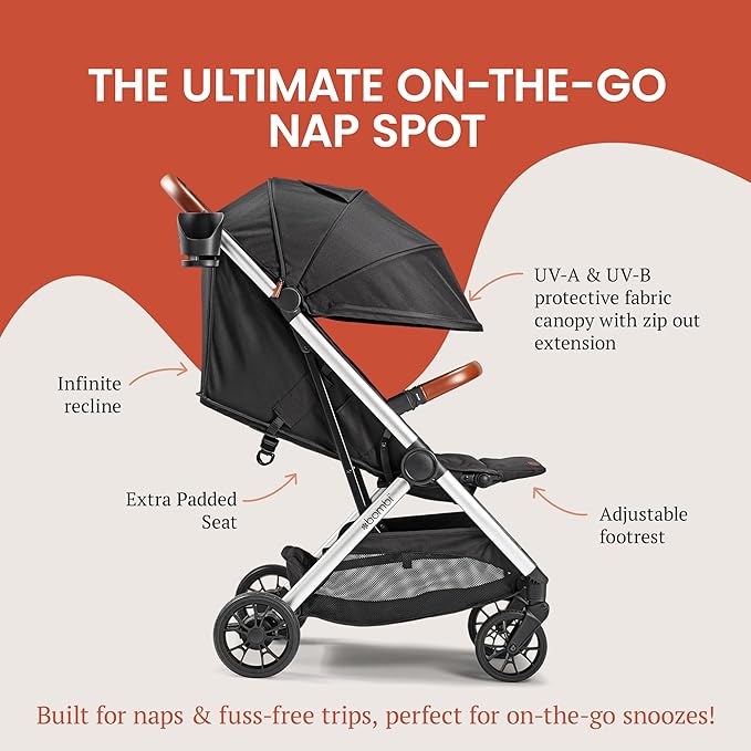 Bombi Bēbee V2 Lightweight Baby Stroller - Premium Vegan Leather, One-Hand Fold, Infinite Recline, Aircraft-Grade Aluminum Frame, XXL Canopy, and Ample Storage Umbrella Stroller - Midnight Black
