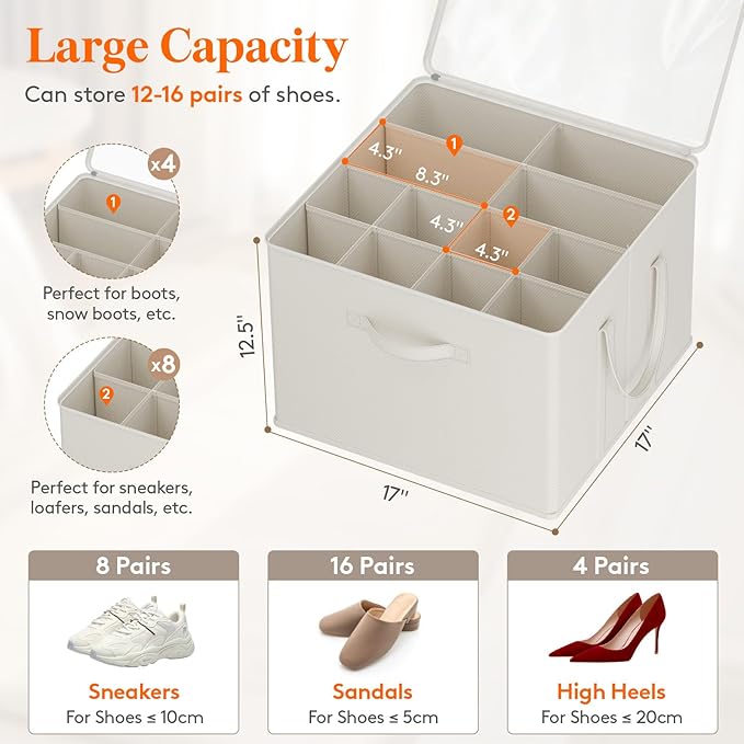 Lifewit Shoe Storage Organizer for Closet, Fits 12-16 Pairs, Large Shoe Box Storage Containers with Clear Cover and Reinforced Handles,Foldable Storage Bins Fits for Boots Heels Sneakers,3 Pack White
