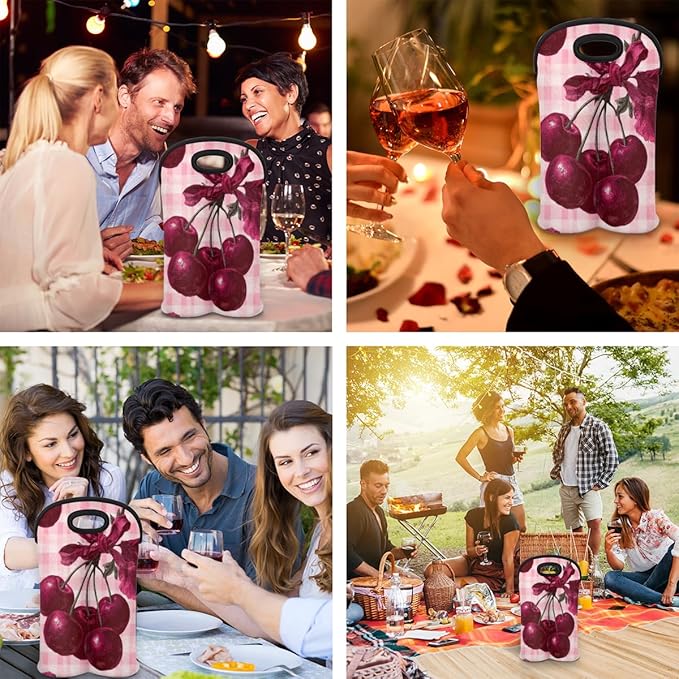 Neoprene Wine Tote, Bottle Carrier Gag Insulating Neoprene Thicker, Insulated Wine Bag for Travel Holds Two Bottles, Bottle Carrier Bags Protect the Bottles, Cherry
