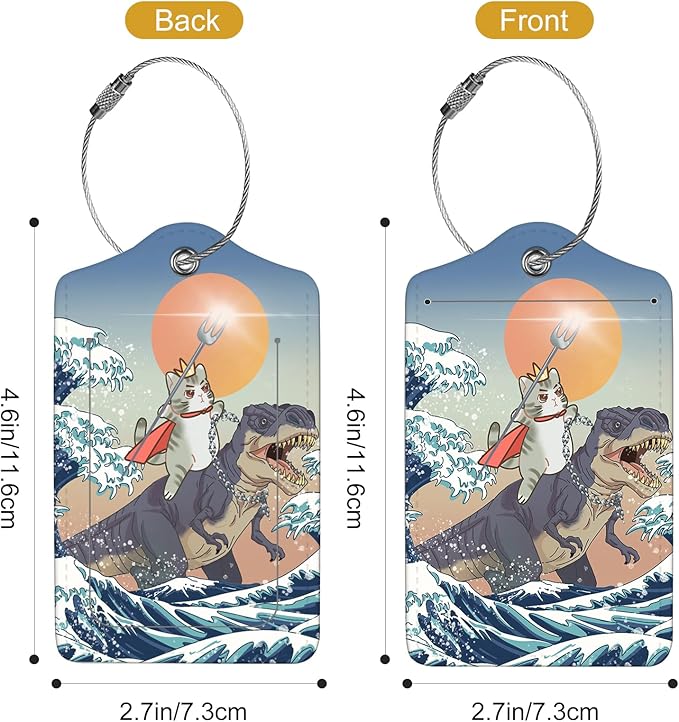 2Pack Luggage Tags for Suitcases, Cute Unique Pu Leather Cruise Luggage Tag with Privacy Cover ID Label Address Card and Metal Ring Suitable for Women Men Kids Travel Bag Dinosaurs and Cats