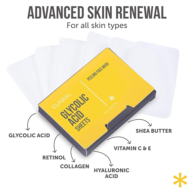 Glycolic Acid Soap Sheets - 100 Exfoliating Peel Face Wash - Travel Size Facial Cleanser with Vitamin C, Retinol, Kojic Acid, Collagen - Anti Aging and Minimizes Pores and Scars - 2 Pack