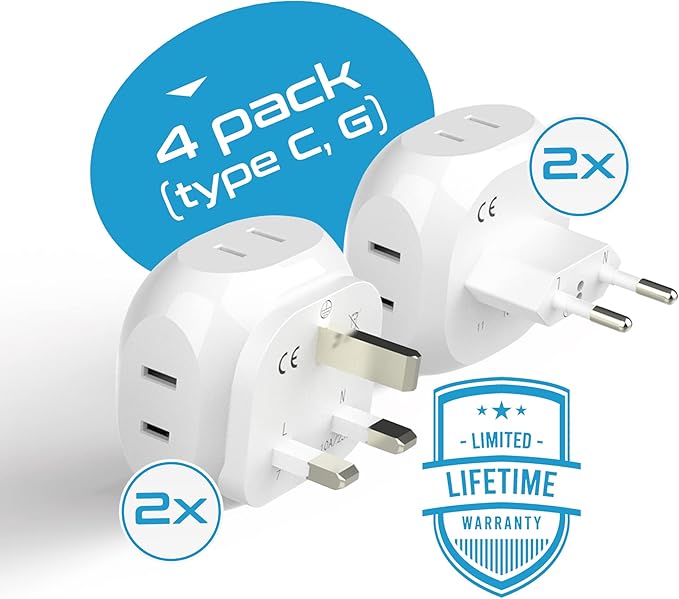 Ceptics Europe Travel Adapter Plug Set Schuko - 4 Input - Ultra Compact - Light Weight Type C, Type G - USA to Any Type C, G Countries UK, Ireland, Germany, France - 4 Pack (PT-9C-7-4PK),White