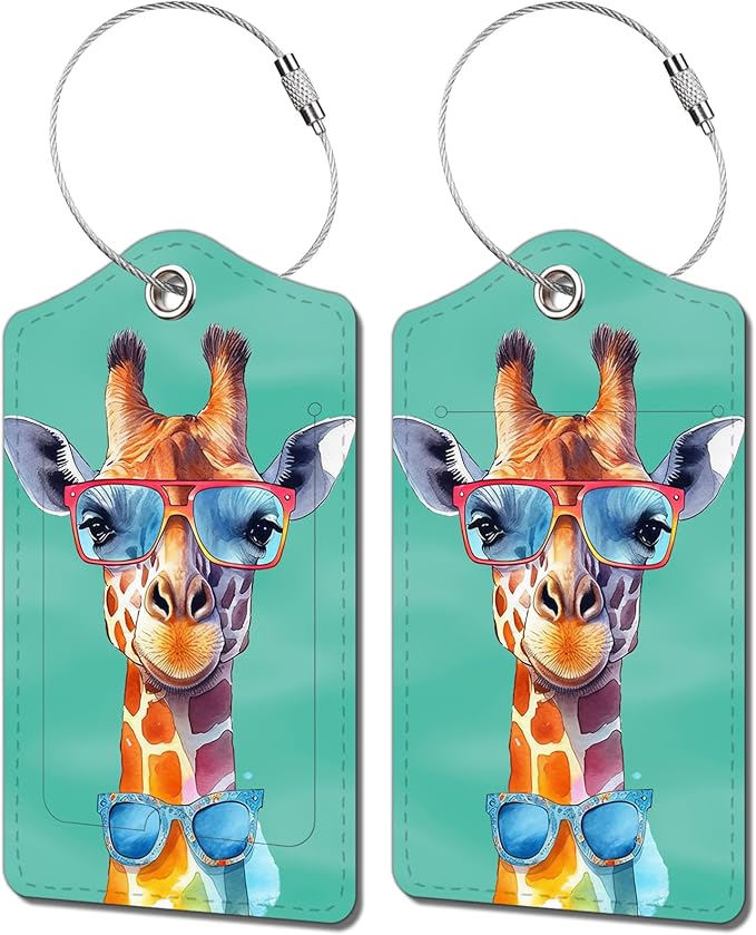 2 Pack Luggage Tag for Suitcase, Cute Unique Leather Bag Tags Identifiers Privacy Cover ID Label with Durable Steel Loop for Women Men Kids Girls Travel，GiraffeF