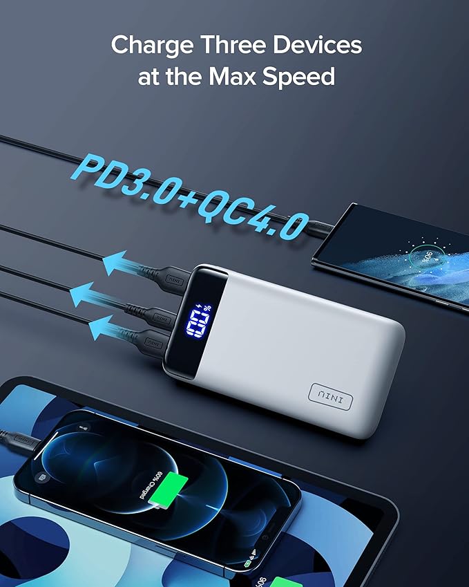 INIU Portable Charger, 22.5W PD3.0 QC4.0 Fast Charging LED Display 20000mAh Power Bank, Tri-Outputs Battery Pack Compatible with iPhone 16 15 14 13 12 Pro Samsung S22 Google iPad Tablet etc
