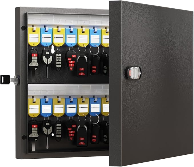WeHere 48 Key Lock Box with Dual Lock, Combination & Key Unlock, Key Cabinet Wall Mount with Tag Label, Key Holder Storage Lockbox for Store, Office, Company, House, App Key Directory ERP