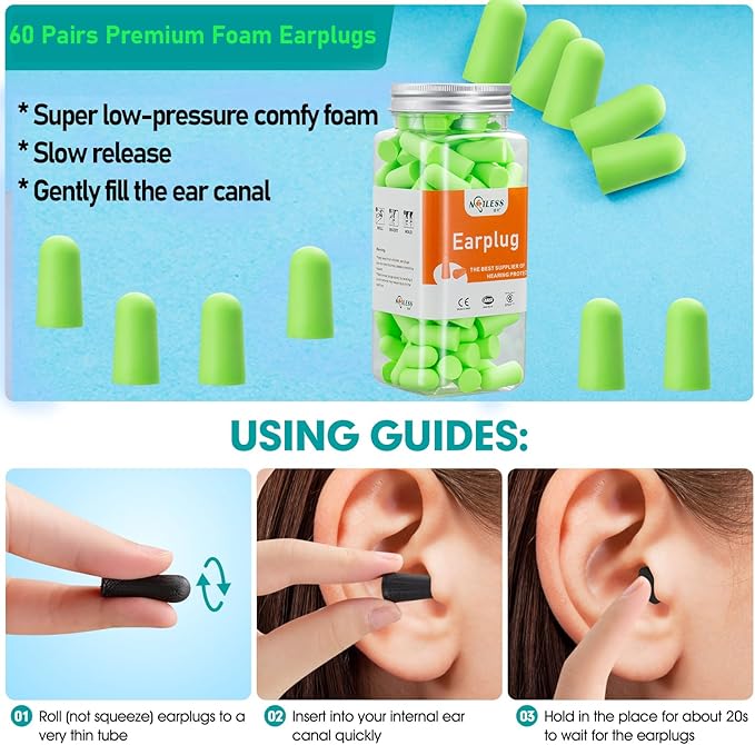 60 Pairs Bottled Earplugs for Noise Cancelling Foam EarPlugs for Sleeping Work Snoring Sound Blocking Construction Noise Reducing Earplugs in Green Colour