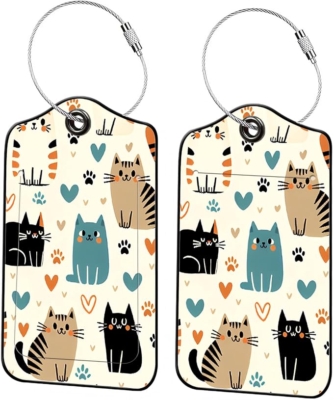 Luggage Tags for Suitcases, 2-Pack PU Leather for Cruise & Travel, Baggage ID Tags with Privacy Cover & Address Card, Durable Metal Ring, Kids Adults Travel Accessories, Kitty Love Pattern