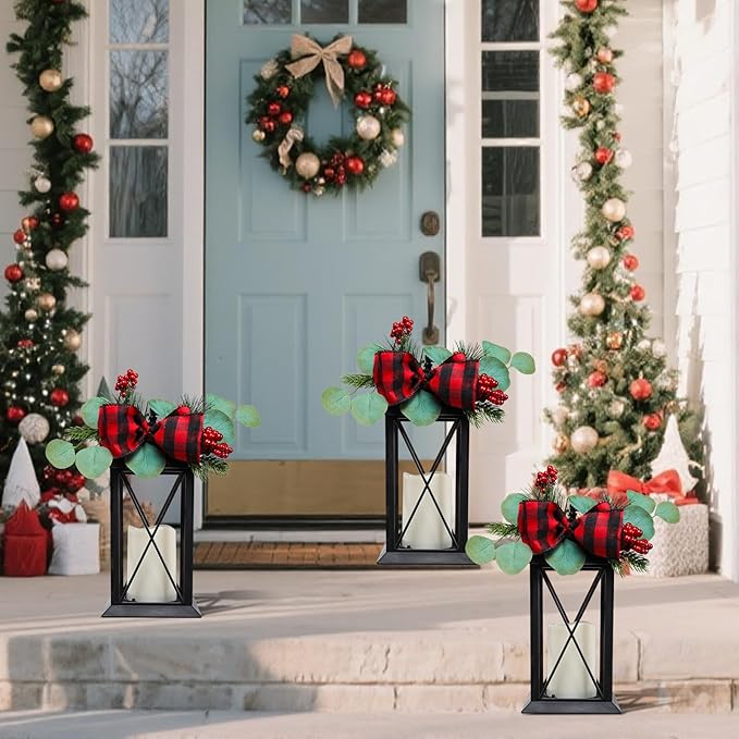 Christmas Outdoor Decor Lanterns 2 Pack, 11" Waterproof Battery Powered LED Hanging Lanterns with Flamessless Candle for Tabletop, Front Porch, Entrance, Indoor, Gift for Women