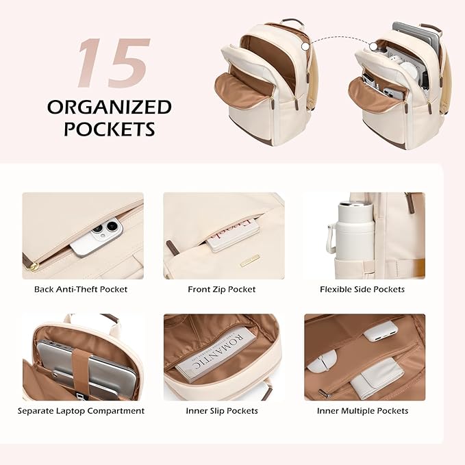 Laptop Backpack for Women Travel Carry On Bag Weekender Business Multilayer Personal Item Backpack,16 Inch,WApricot