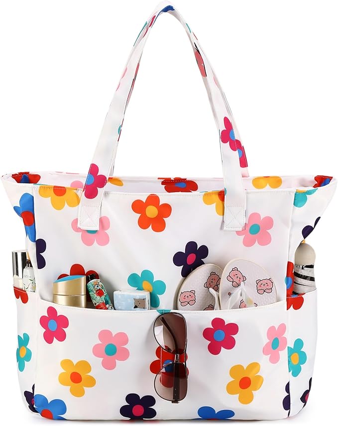 CAMTOP Waterproof Beach Tote Bag for Women Girls with Zipper Foldable Sandproof Pool Swim Bag Travel Carry On Gym