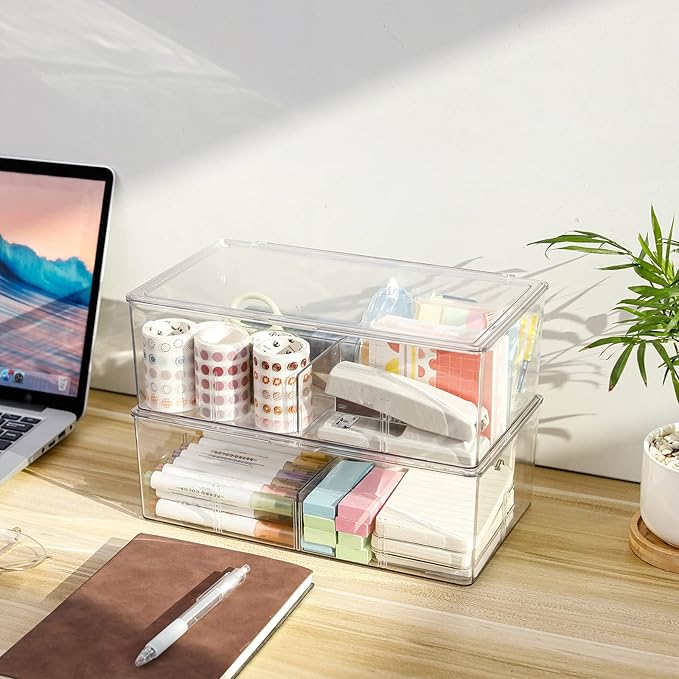 Yesesion Clear Plastic Cord Organizer Box with Adjustment Compartments, Large Cable Management Case with Lid and 10 Wire Ties for Desk Drawer, Home Office, Art Supply, Electronic Accessories (1 PACK)
