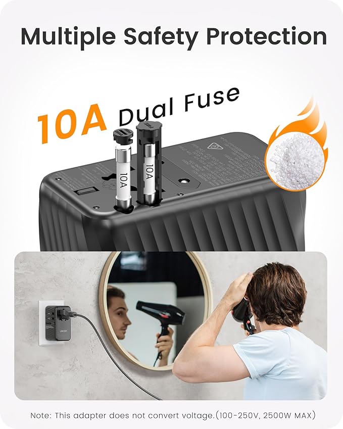 LENCENT Universal Travel Adapter, 100W GaN International Fast Charger with 2 PD3.0 Type C+2 QC USB A, Worldwide Power Adaptor for Phones,Laptops, All in One Travel Essentials for EU/USA/UK/AU, Black