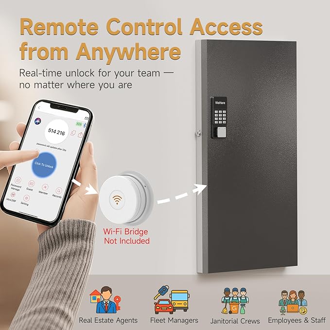 120 Key Lock Box Wall Mount, APP Bluetooth/Wi-Fi, OTP/Fixed Code, Key Unlock, Smart Key Cabinet with Tag, Key Organizer Holder Box for Office, Valet, Realtor, Hotel Key Management