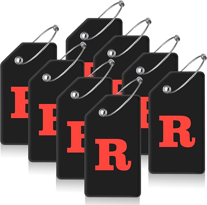 8 Pcs Luggage Tags for Suitcases, 26 Initial Letter Travel Luggage Baggage Identification Labels ID Tags Fully Bendable Tags with Stainless Steel Loop (Letter R, Black)