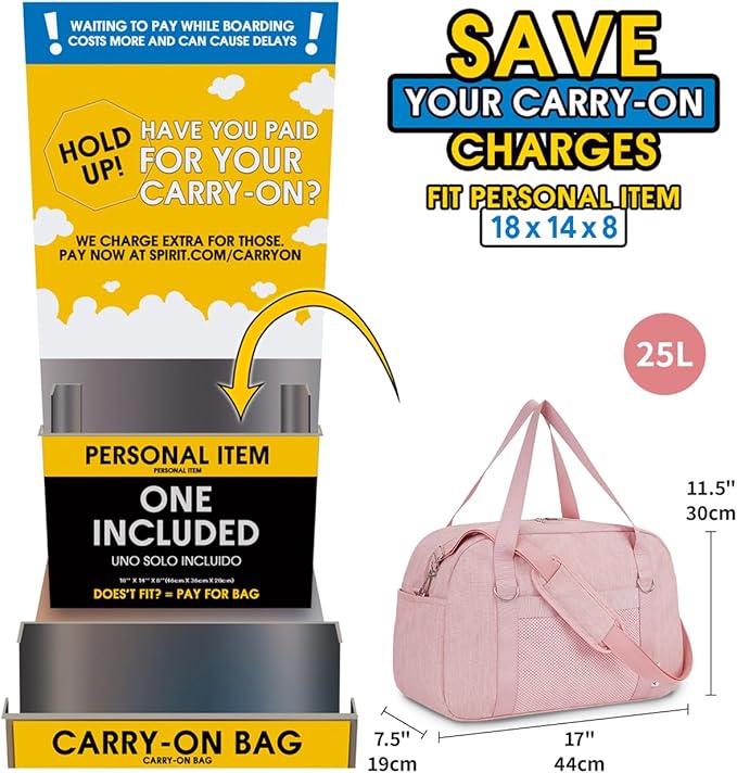 Narwey For Spirit Airlines Personal Item Bag 18x14x8, Small Duffle Bag for Travel, Duffel Bag for Traveling, Carry on Bag for Airplanes Underseat Overnight for Women and Men (Pink)