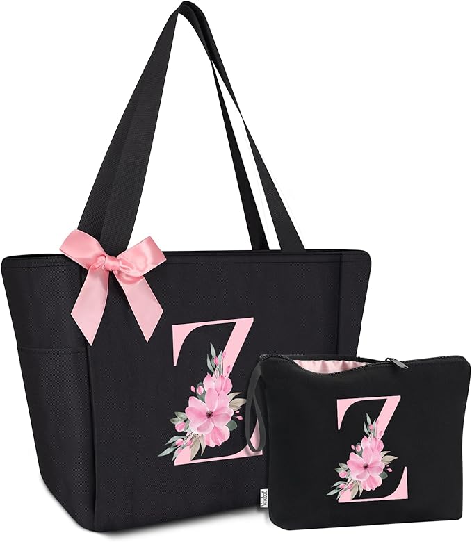Vavabox Tote Bag, A-Z Initial Monogrammed Waterproof Tote Bag, Bridesmaid Gifts for Women, Black and Pink