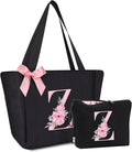 Vavabox Tote Bag, A-Z Initial Monogrammed Waterproof Tote Bag, Bridesmaid Gifts for Women, Black and Pink