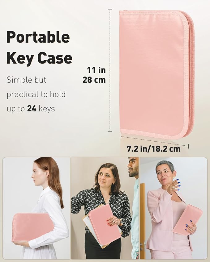 Uniclife Zippered Key Case Organizer Waterproof and Fireproof Pink Key Binder with 24 Hooks and Tags Portable Key Storage Book for Offices Real Estate Agencies Hotels and Rental Management