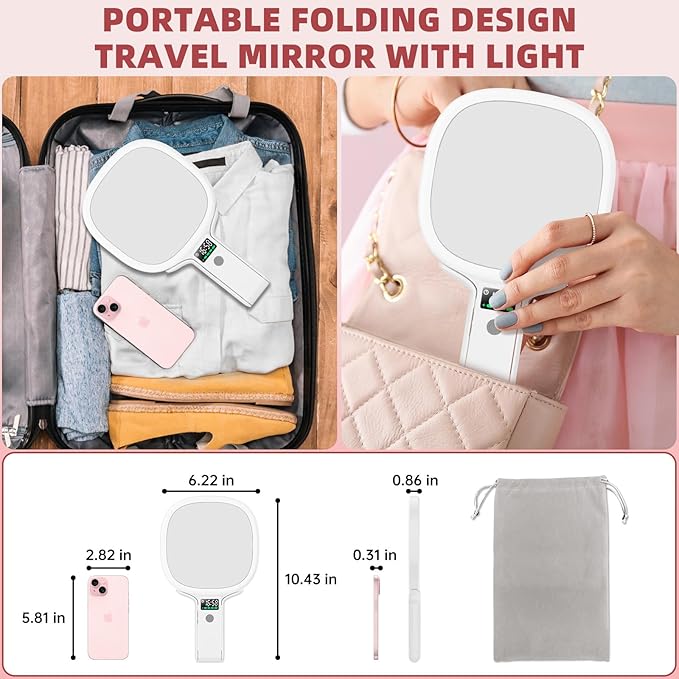 Alovely Travel Makeup Mirror with Light, Double Sided 10X Magnifying Mirror with Light, Rechargeable Portable Lighted Beauty Mirror, 3 Color Lighting Dimmable Touch Screen,Tabletop Handhold Hanging