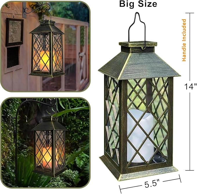 TAKE ME 14" Solar Lanterns Outdoor Waterproof Garden Lanterns Large Flickering Flameless Candle Mission Lights for Table,Outdoor,Party Mothers Day Gifts ( 2 Packs Bronze-Green Color)