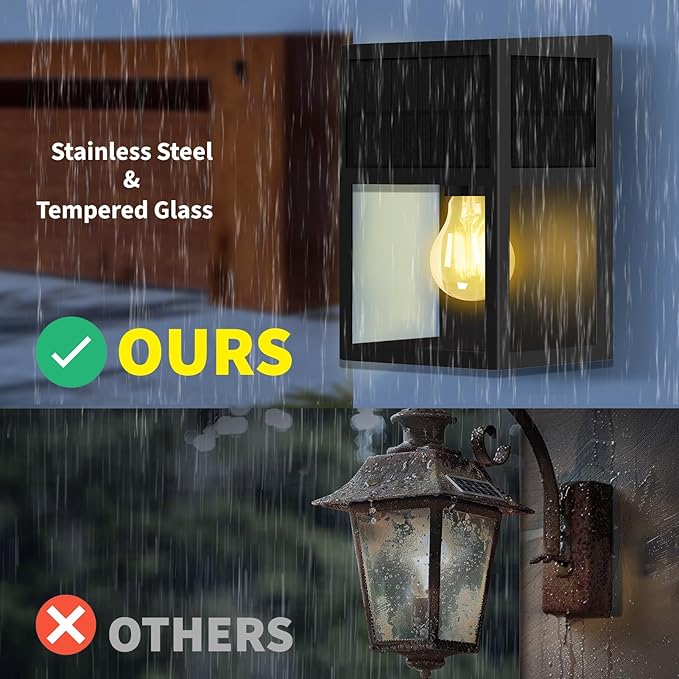 Outdoor Solar Wall Lights, High Brightness Waterproof Lanterns, Porch LED with Stainless-Steel & Tempered Glass, Black Sconce for Door Entryway, Garage, Patio, Yard, Warm White 2Pk