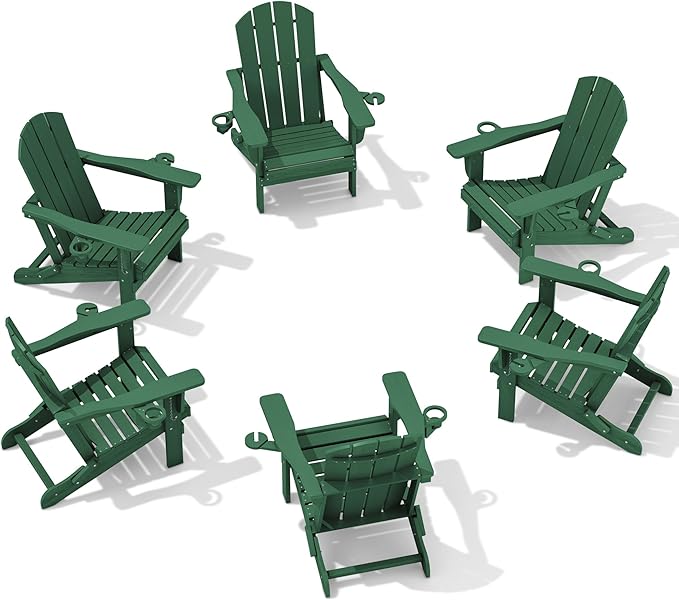 SERWALL Adirondack Chair with Cup Holders - Composite Adirondack Chairs Set of 6 HDPE Outdoor Chairs All Weather Use- Green