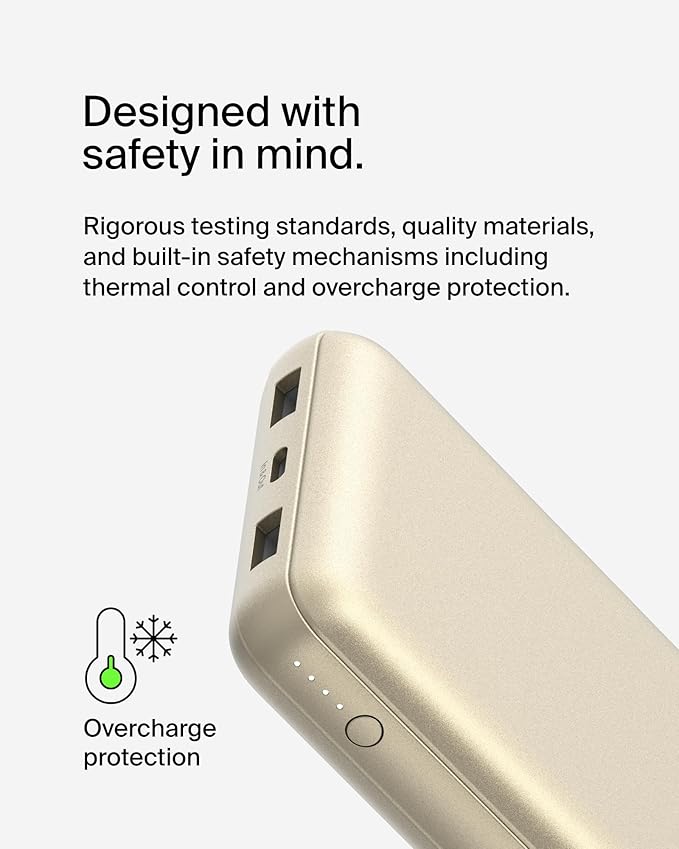 Belkin Portable Charger, USB-C Power Bank 20000 mAh w/ 2xUSB-A Ports, 15W w/Type-C to Type-A Cable for iPhone 16, 15, Samsung Galaxy S25, Pixel, iPad, Nintendo Switch 2, Google Pixel 10, etc. - Gold