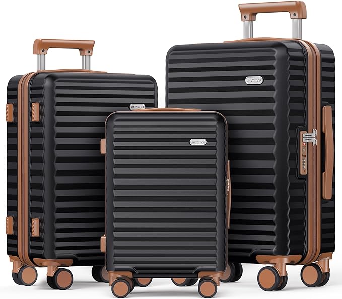 SHOWKOO Luggage Sets 3 Piece Hardside Expandable Suitcase with Double Spinner Wheels Tsa Lock Black (20in/24in/28in)