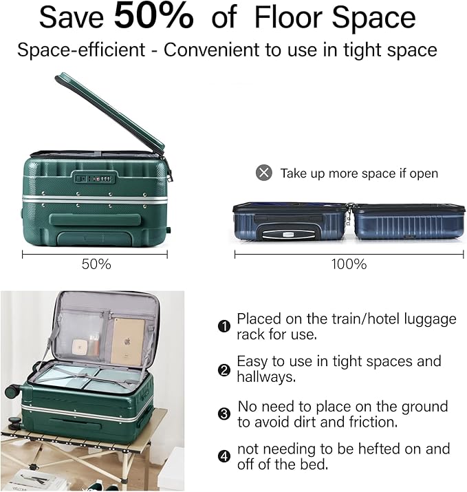 Hanke 24 Inch Checked Luggage Front Opening Rolling Suitcase Hard Sided Luggage with Spinner Wheels Travel Luggagefor Woman Men.(Dark Green)