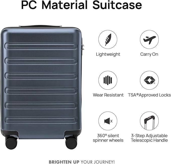 Carry on Luggage 22 X 14 X 9 Airline Approved, 20 Inch Luggage for 3-5 Days Travel, Double Spinner Wheels, 100% Hardshell PC, TSA Lock (09-Grey, Carry-On 20-Inch)
