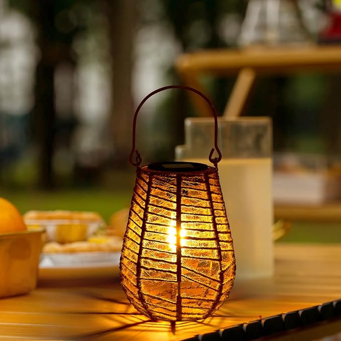HPC Decor 2 PK Solar Lanterns - Outdoor Waterproof, Hemp Rope Solar Lights,Hanging Solar Lanterns Outdoor,Solar Lamp Lights,Decoration for Garden, Patio, Porch, Trees, Pathway,Outside.