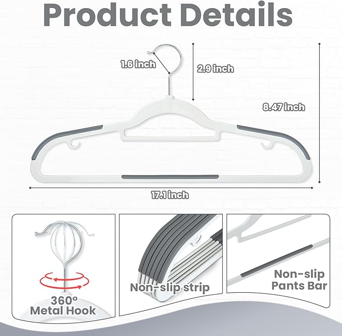 Plastic Hangers 50 Pack, Slim Clothes Hangers Non Slip, Non-staining Space Saving Hanger, 17.1 inches Coat Hanger Heavy Duty Hanging Dry Wet Clothes, Gray