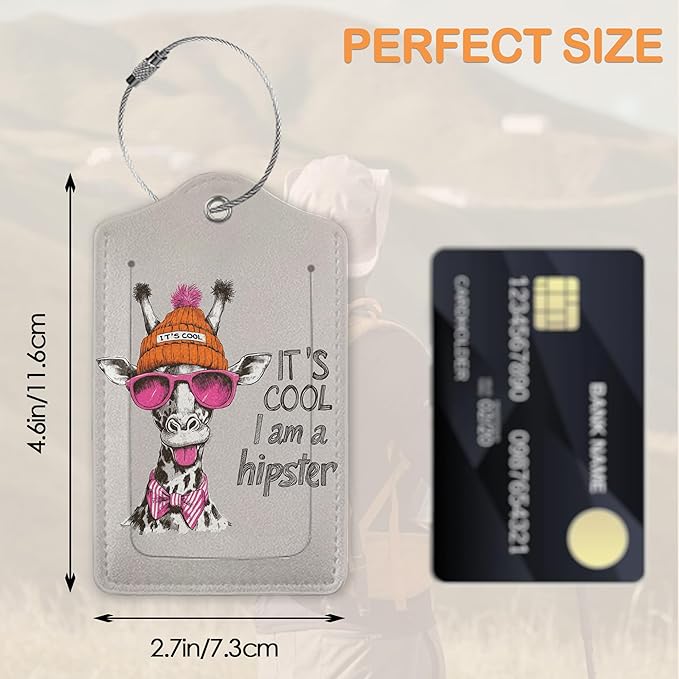Funny Hipster Giraffe 3 Pack PU Leahter Luggage Tag with Stainless Steel Loop, Cool Cartoon Giraffe Travel Suitcase Labels with Privacy Cover ID Label Quickly Spot for Bags
