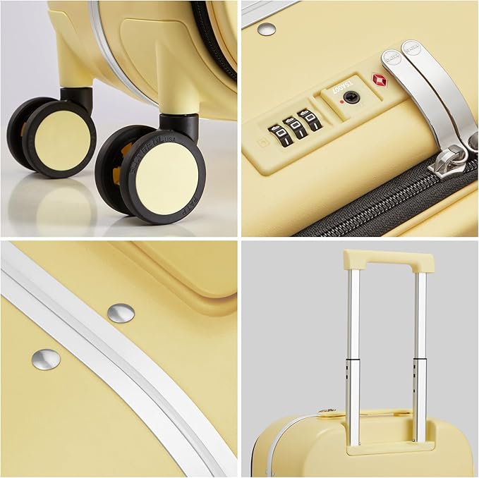 mixi Carry On Luggage, 18” Suitcase with Front Laptop Pocket, Travel Luggage Aluminum Frame PC Hardside with Spinner Wheels & TSA Lock and Cover (Not for Underseat), Lark Yellow