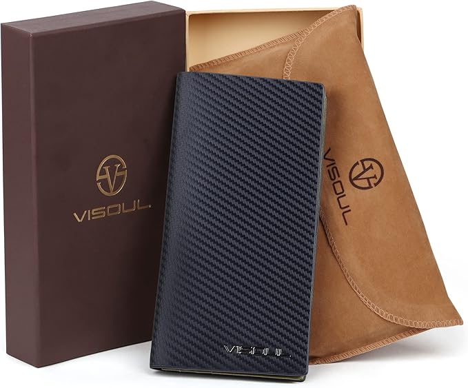 VISOUL Mens Checkbook Leather Wallets Long Bifold Wallets for Men Suit Wallet with 3 Cash Compartments 12 Credit Card Slots (Black+Olive Green)