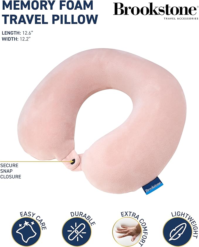 Brookstone Travel Neck Pillow - Lightweight Fleece Casing U-Shaped Stuffable Memory Foam Travel Pillow for Sleeping and Neck Support, Soft Pink