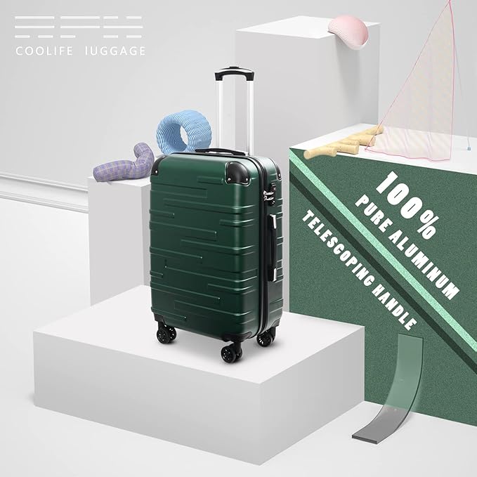 Coolife Luggage Expandable(only 28") Suitcase 3 Piece Set with TSA Lock Spinner 20in24in28in (dark green)