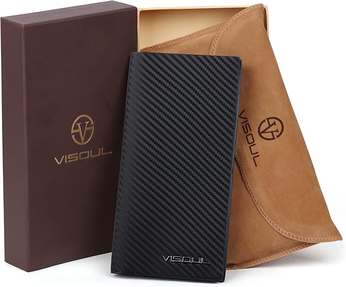 VISOUL Mens Leather Long Checkbook Bifold Wallets with RFID Blocking, Carbon Fiber Leather Tall Wallets for Men (Black+Blue)
