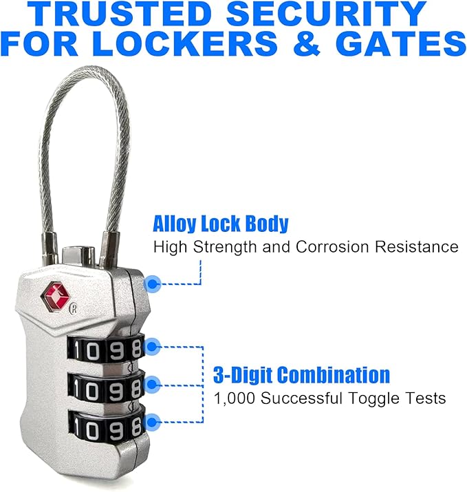 2 Pack TSA Approved Travel Luggage Locks, Cable Combination Lock, 3 Digit Padlock, Alloy Steel Cut-Resistant Cable, Weatherproof Zipper Lock for Gun/Suitcases, Backpacks, Gym Lockers, Golf Bags-NO KEY